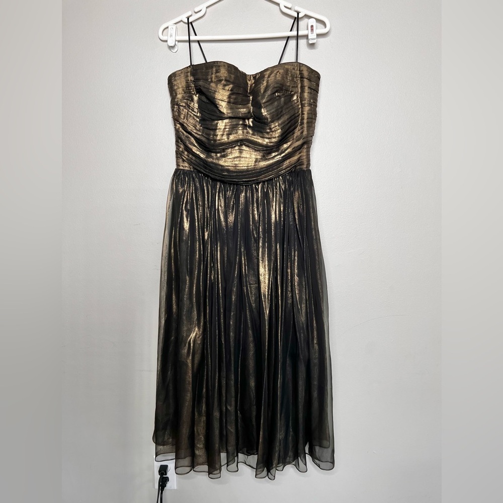 NWOT Rosario Gathered Corset Chiffon Midi Dress Black Gold Size 10/ Large - Picture 2 of 7